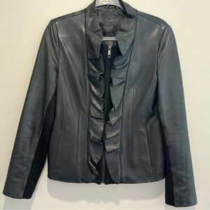 Tahari black leather ruffle front jacket Size M